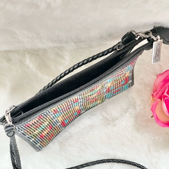 BRIGHTON Mini CROSSBODY BEADED PURSE Black w/multi colored front & Braided Strap - Picture 4 of 9